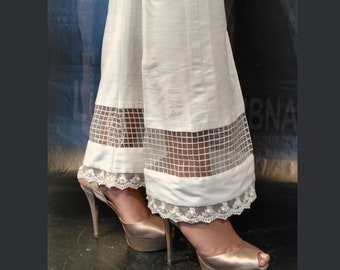 Pearl White Pants Cotton Raw Silk Pants Boot Cut Pants for Women, Organza  and Embroidered Lace Embellished with Pearls