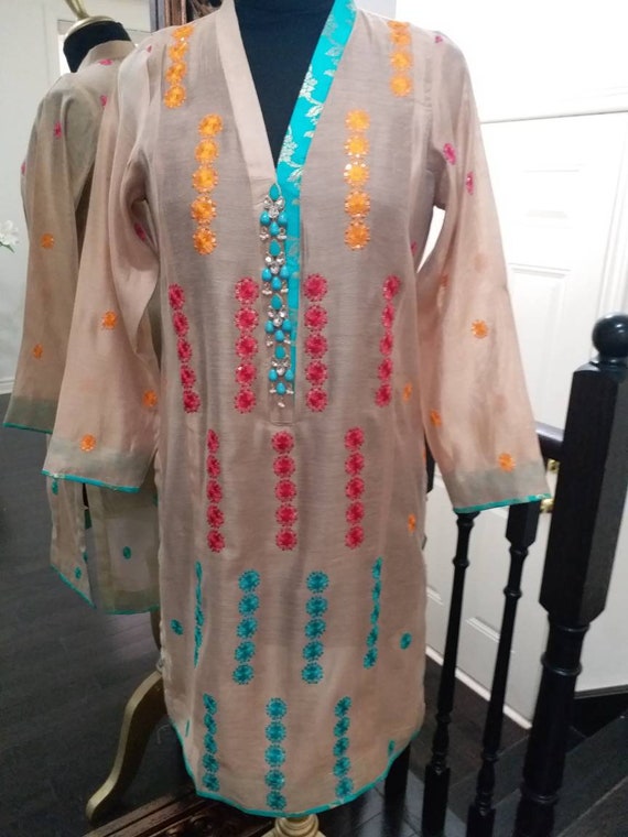 Khaadi Cotton Net Embroidered Shirt With Turquoise Turkish Button Patti -  Etsy