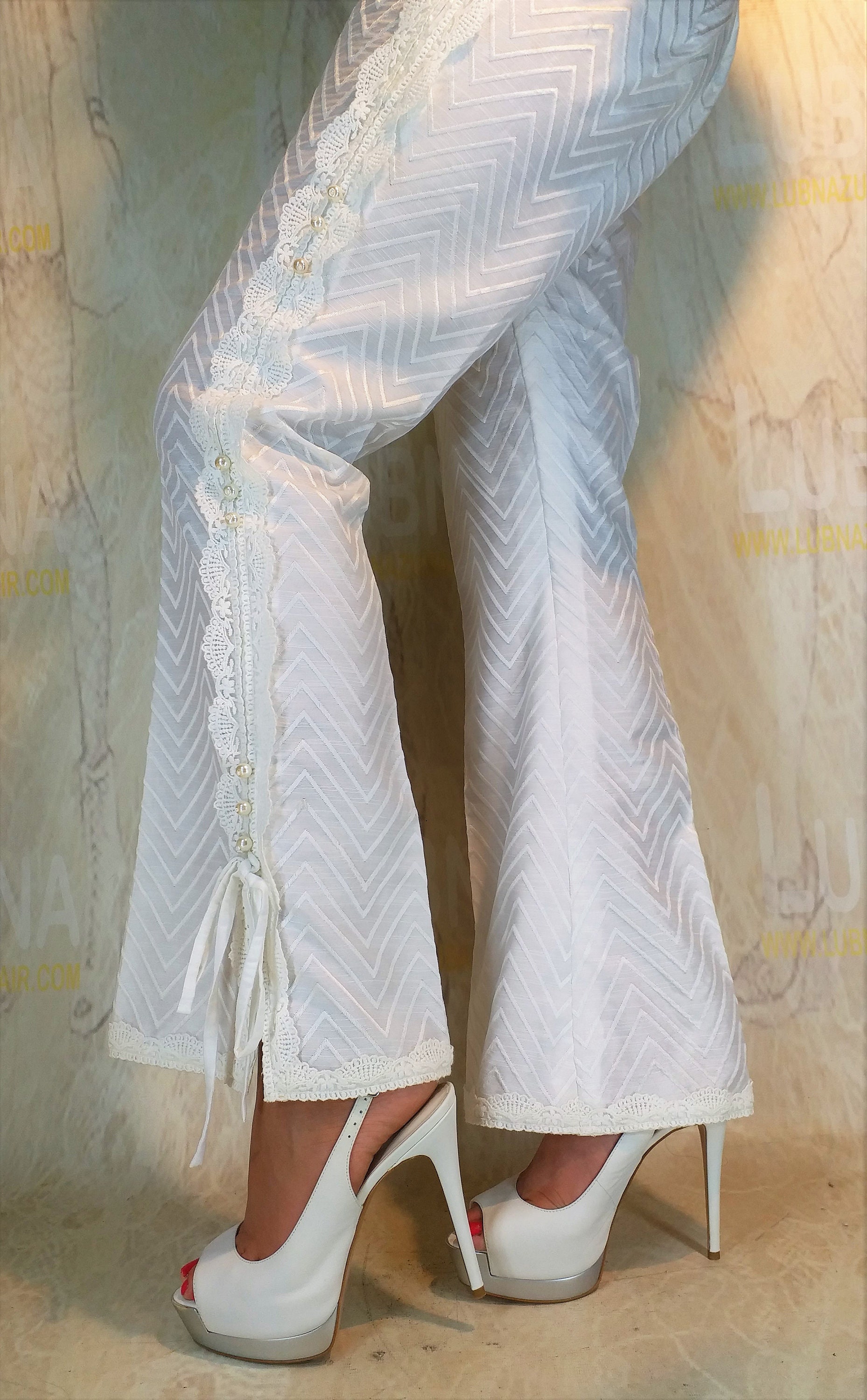 Embroidered Pearl White Boot Cut Pants Embellished With