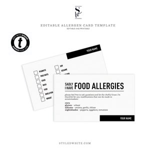 Editable Allergen Card Template, Minimalist Food Allergies Cards Design, Printable Bakery Allergens Checklist Form