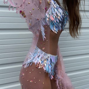 Holographic Rainbow Blue Sequin Tinsel Fringe Cheeky Rave Outfit | Music Festival Matching Set | High Waist