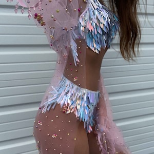 Kimono robe | Rave outfit | Festival outfit | Pink Mesh Sheer Beaded Flower Pearl Kimono | Rave clothing Rainbow See through Jacket Coat