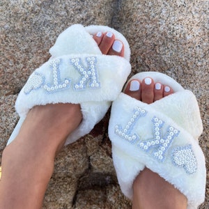 Custom Bride Slippers: Fluffy Pearl Letter Bachelorette Gift