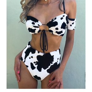 Rave Outfit Frauen Set | Cowprint Stretch Rave-Outfits | Hochgeschnittenes Festival-Outfit | rave Kleidung | Festival-Bekleidung