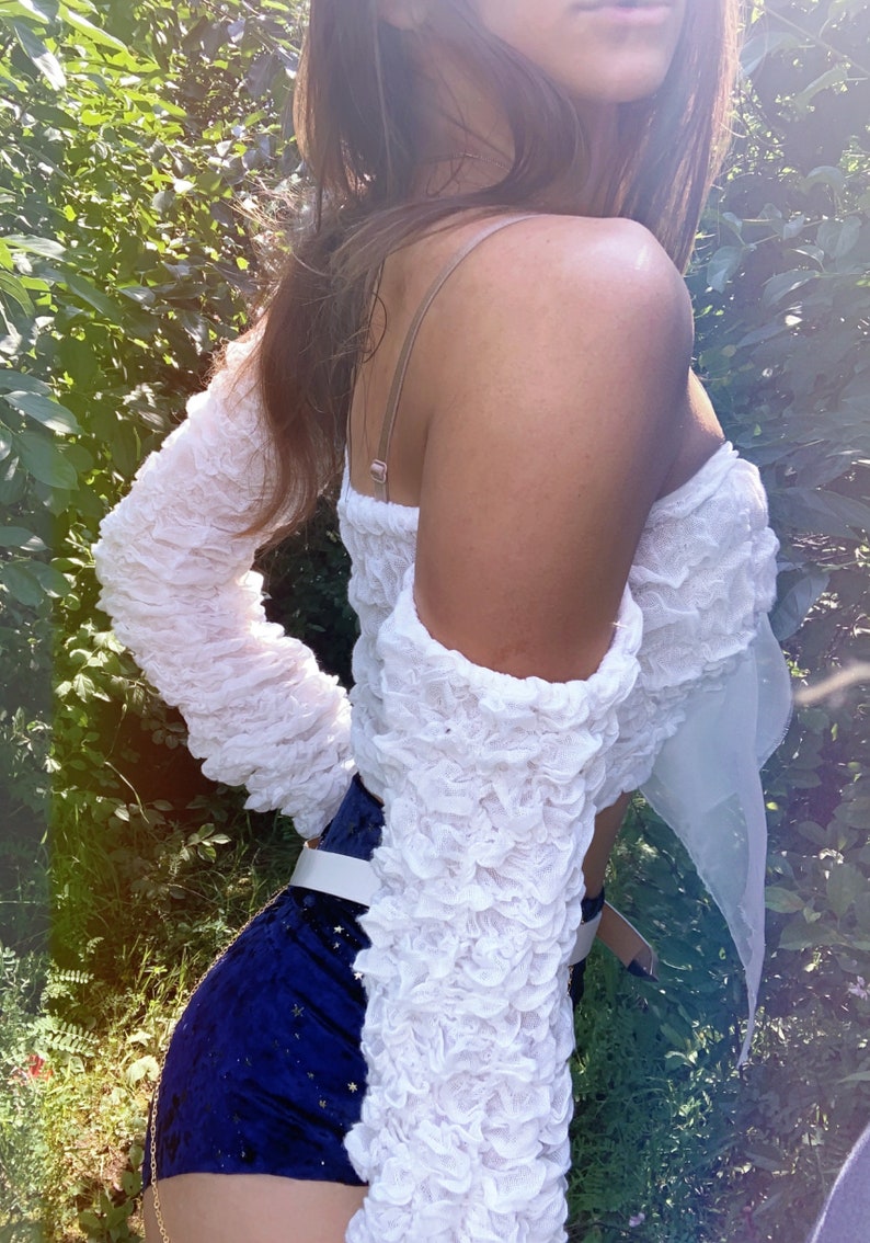 White Woven Ruffle Long Sleeve Crop Top Coachella outfit Stagecoach outfit rave outfit Festival set Burning man top