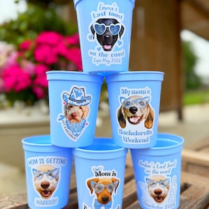 Peut inclure: Une pile de six gobelets de stade en plastique bleu clair, chacun orn&eacute; d'un graphique personnalis&eacute; repr&eacute;sentant un chien portant des lunettes. Le texte inclut des phrases comme Emma's Last Toast, My mom's Bachelorette Weekend et Mom is tying the knot.
