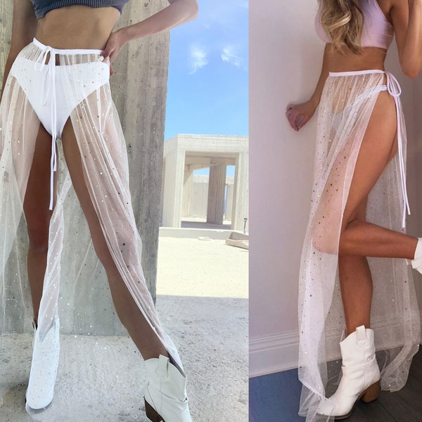 White rave outfit gold Moon & Stars Tulle see-through Wrap Skirt | Mesh Sheer rave outfit | Festival clothing swim cover up
