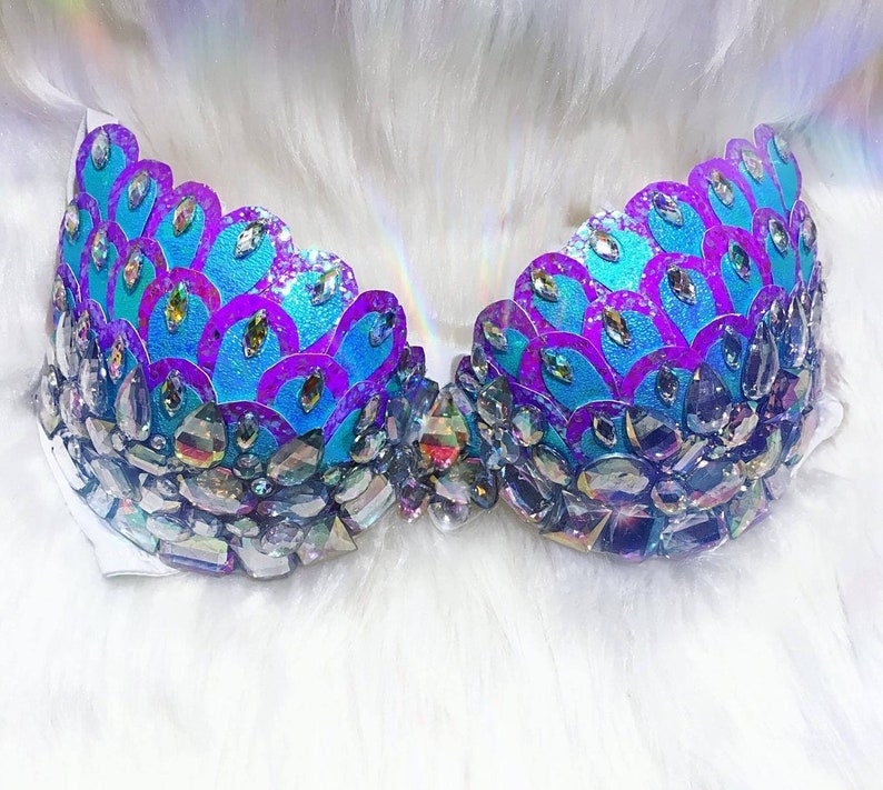 Purple Blue Mermaid Sparkle Rhinestone Crystal Gem Rave Festival Bra