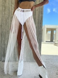White rave outfit gold Moon & Stars Tulle see-through Wrap Skirt | Mesh Sheer rave outfit | Festival clothing swim cover up