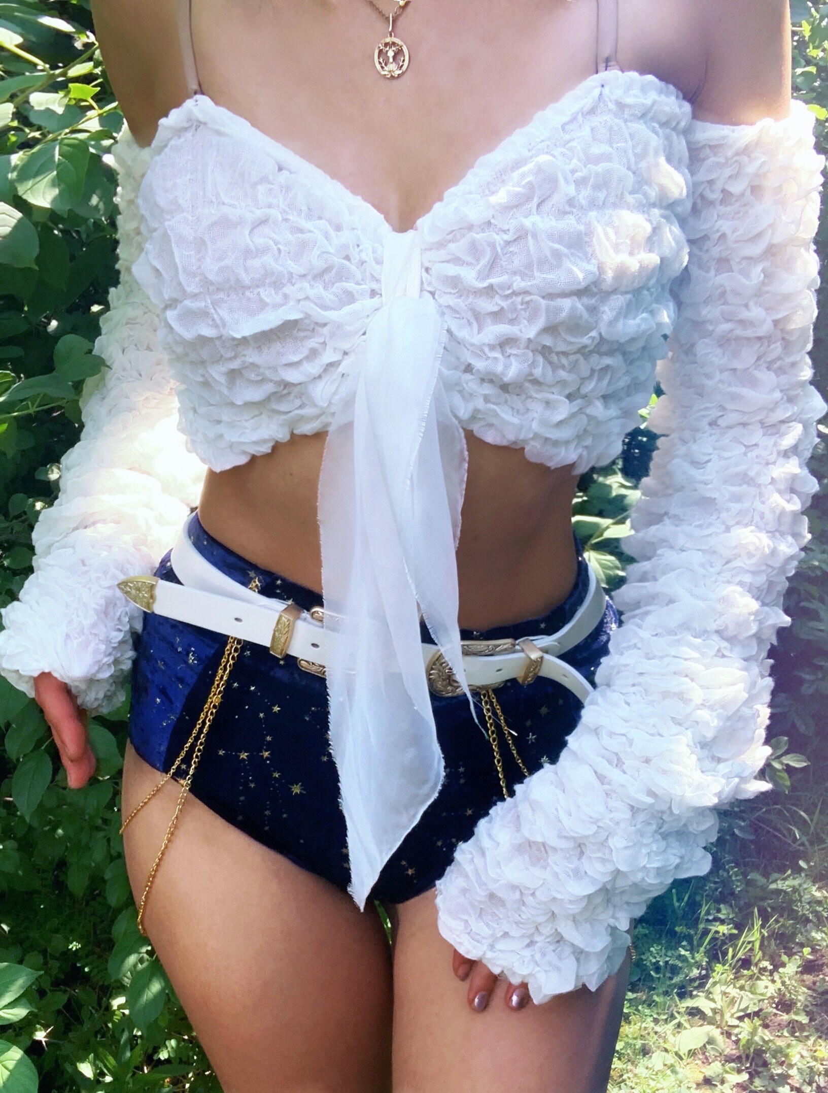 White Woven Ruffle Long Sleeve Crop Top Coachella outfit Stagecoach outfit rave outfit Festival set Burning man top