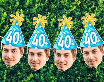 Benutzerdefinierte Geburtstagshut-Gesichtsbanner, benutzerdefiniertes Bday Gesicht Fotobanner, Geburtstagsbanner, benutzerdefinierter Kopf auf einem Banner, Partydekorationen zum 1