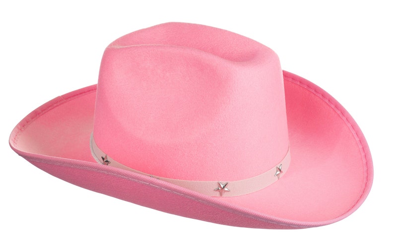 K&ouml;nnte beinhalten: Ein rosa Cowboyhut mit silbernen Sternenapplikationen.