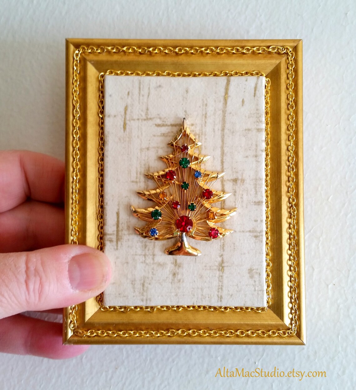 Vintage Gold Christmas Tree, Colored Rhinestones, Framed, OOAK, Holiday