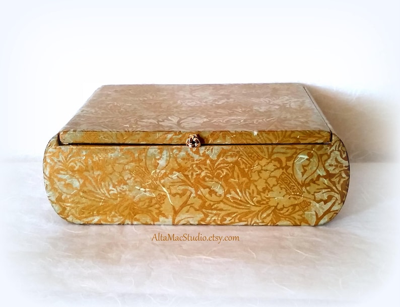 Mixed Media Collage French Country Cottage Chic Decorative Box OOAK in Gold /& Green Handcrafted Heirloom Gift Home Decor Jewelry Box