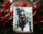 Vintage Primitive Santa with Tree and Toys Holiday Ornament & Display Easel, Mixed Media Collage, Handmade OOAK 3 1/8" x 4 1/8"