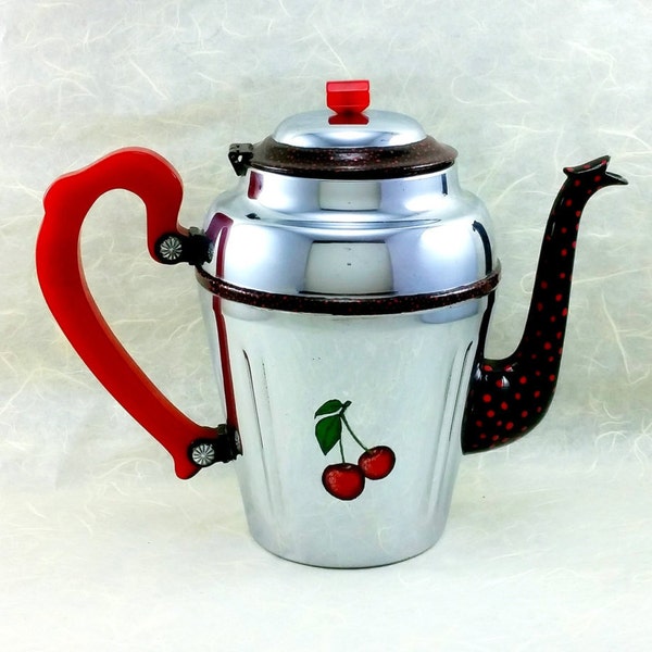 Decorative Altered Vintage Chrome Coffee Pot with Hand Painted Cherries OOAK, Bakelite Handle, Retro Kitchen Decor, Cottage Chic
