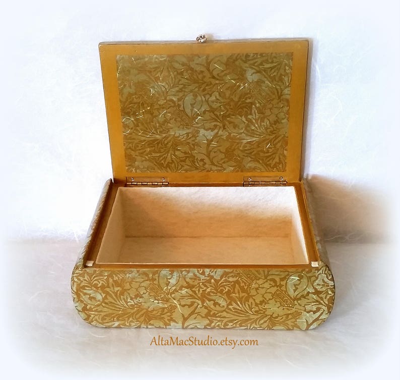 Mixed Media Collage French Country Cottage Chic Decorative Box OOAK in Gold /& Green Handcrafted Heirloom Gift Home Decor Jewelry Box