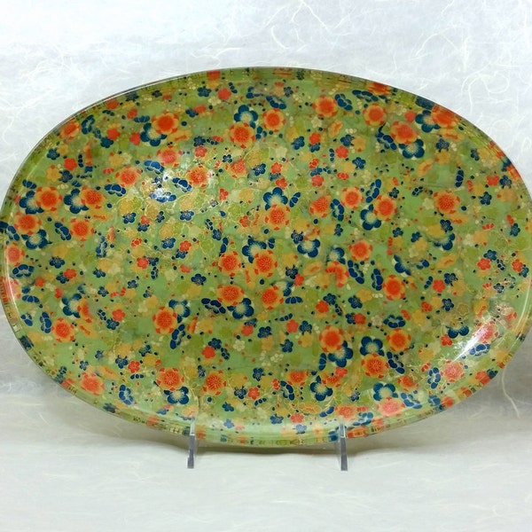 Decorative Glass Platter in Green, Orange & Blue Flowers, Gold, Handmade, Mixed Media Art, OOAK, Holiday Decor, Unique Gift, Cloisonne Style