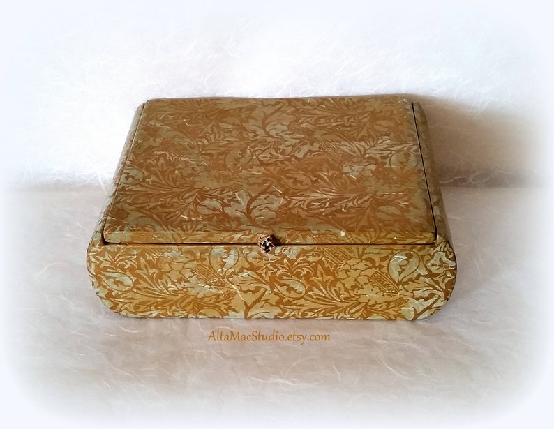 Mixed Media Collage French Country Cottage Chic Decorative Box OOAK in Gold /& Green Handcrafted Heirloom Gift Home Decor Jewelry Box