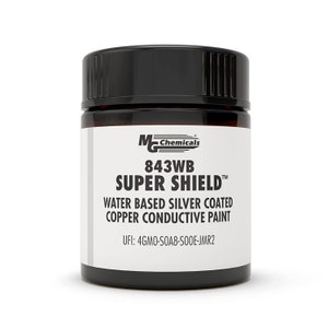 May include: A black jar with a white label that reads "MChemicals 843WB SUPER SHIELD™ WATER BASED SILVER COATED COPPER CONDUCTIVE PAINT UFI: 4GMO-SOA8-SOOE-JMR2".