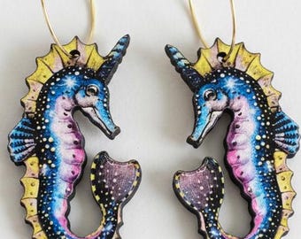 Vibrant Cosmic Seahorse Wooden Hoop Earrings