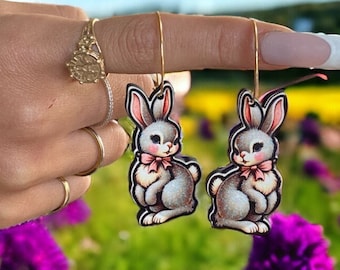 Easter bunny hoop Earrings, rabbit Charm Stainless Steel hoops, vintage cottagecore aesthetic, Statement jewelry tween gift peter cottontail