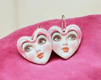 Doll Face Heart Earrings - Handmade Wood Charms, Stainless Steel Hoops