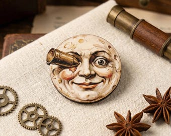 Moonshot man in the moon Brooch Pin | Vintage asthetic Statement Brooch | Whimsical Retro wood Cutout