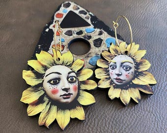 Whimsical Sunflower Face Earrings – Mismatched Dangle Earrings, Gold Hoops