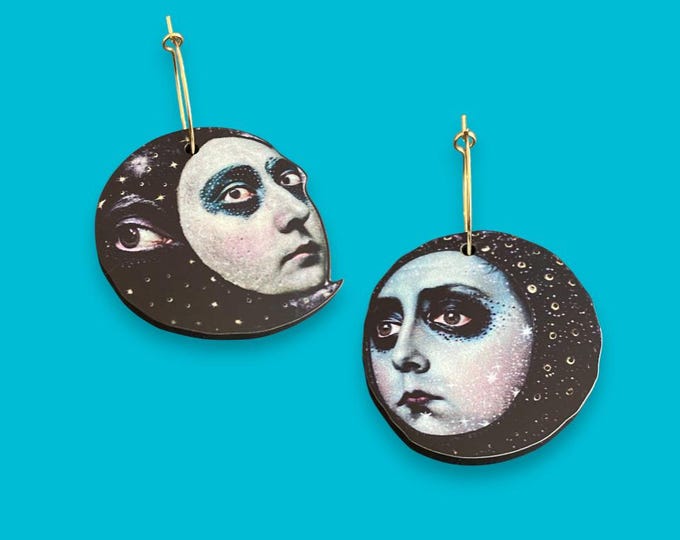 Bizarre Moon Face Earrings – Handmade Eclectic Dangle Hoops