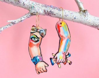 Pretty Little Parts -surreal doll arm oddity Earrings / playful spooky / art-girl weird statement dangles
