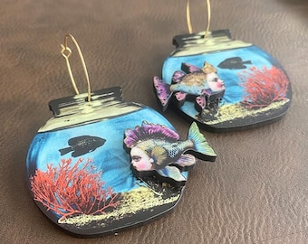 Whimsical Fishbowl Earrings – Gold Hoops, Wood Charms