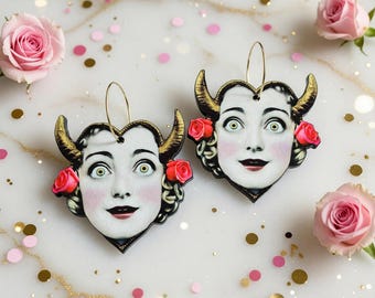 Whimsical Face Wood Charm Hoop Earrings – Gold Stainless Steel Dangles