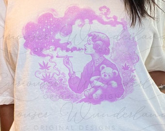 Just Chillin smoking girl and teddy tee shirt, Self Love vintage victorian kitschy shirts for women, shirts with sayings, shirt designs