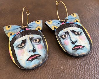 Whimsical Sour face Earrings – Vintage weird Jewelry, eclectic statement jewelry hoops, charm dangle drops