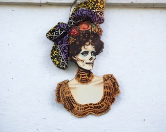 Chic Dia de los Muertos Skeleton Lady Wall Art - Unique Gothic wall art Ornament,  home decor, statement piece, Dark assemblage, mixed media