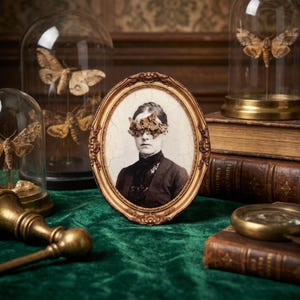 May include: An oval, antique-style portrait features a woman with her eyes covered by dried leaves, set in a gold frame. The image is surrounded by glass domes containing preserved moths, antique books, and a magnifying glass, all on a green velvet surface.