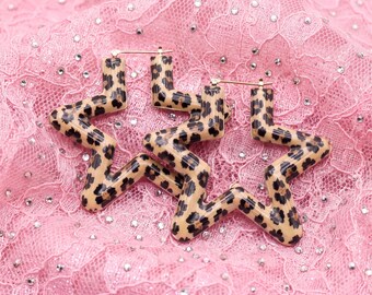Leopard Print Bamboo Statement Earrings, Bold Geometric Hoop Jewelry, vintage 90s Animal Style