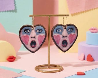 Shock Face Heart Earrings – Gold Stainless Steel Hoops, Wood Charms, Whimsical Dangles
