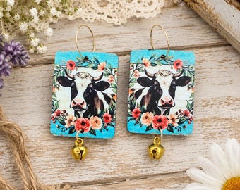 Floral Cow Dangle Earrings with Gold Bell Charms - statement jewelry with farmhouse flair