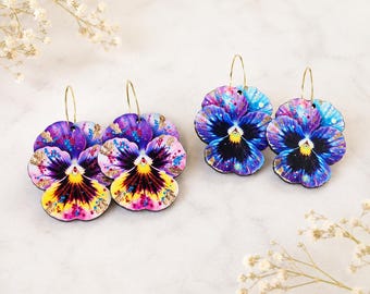 Pansy Flower Earrings, Lightweight Garden Hoops, Colorful Botanical Statement Jewelry