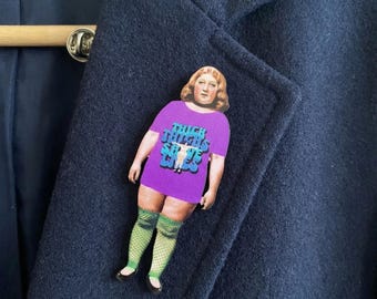 Thick Thighs Save Lives Wood Pin, Surreal Collage Art Brooch