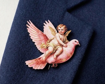 Vintage Valentine Cherub Riding Pink Dove Brooch | Handmade Wood Cutout