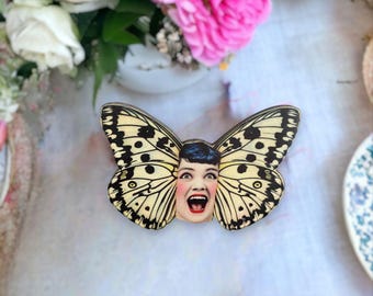 Whimsical butterfly face cuff bracelet – weird statement Jewelry, Surreal fantasy-Inspired wearable art bangle