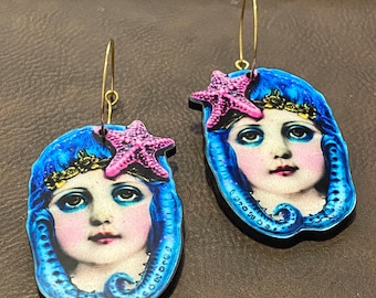 Whimsical Mermaid Earrings – Vintage Nautical Jewelry, Blue Hair Siren with Pink Starfish, Surreal Ocean-Inspired Earrings