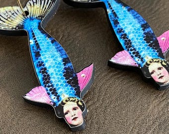 Whimsical Mermaid Earrings – Handmade Wood Charm Dangles, Gold Hoops