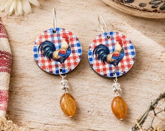 Rooster Gingham Dangle Earrings, Farmhouse Statement Jewelry, Rustic Chicken Lover Gift