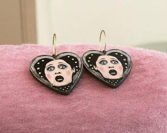 Surprised Face Wood Earrings – Gold Stainless Steel Hoops, Whimsical Dangles