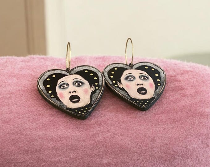 Surprised Face Wood Earrings – Gold Stainless Steel Hoops, Whimsical Dangles