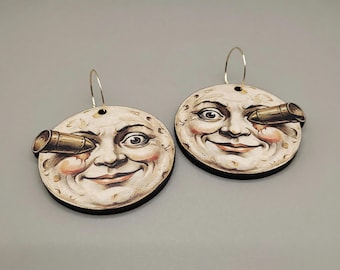 Moonshot Earrings – Uncanny rocket to the eye Moon Portrait Dangles, Whimsical Oddity Art Jewelry